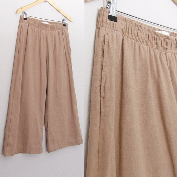 Abercrombie & Fitch Linen Cotton Wide Leg Crop Pull On Pants M Camel Tan Comfy - Picture 11 of 11